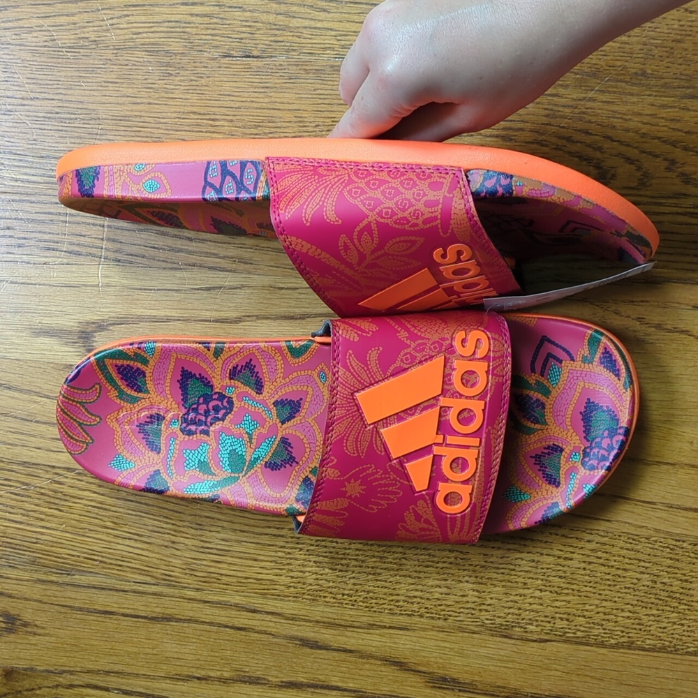 NWT FARM Rio Slide Sandals Adidas Collaboration Women's Size 11 Red Floral Print - Picture 8 of 14